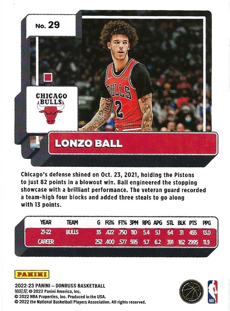 2022 Panini Donruss Lonzo Ball #29 Chicago Bulls