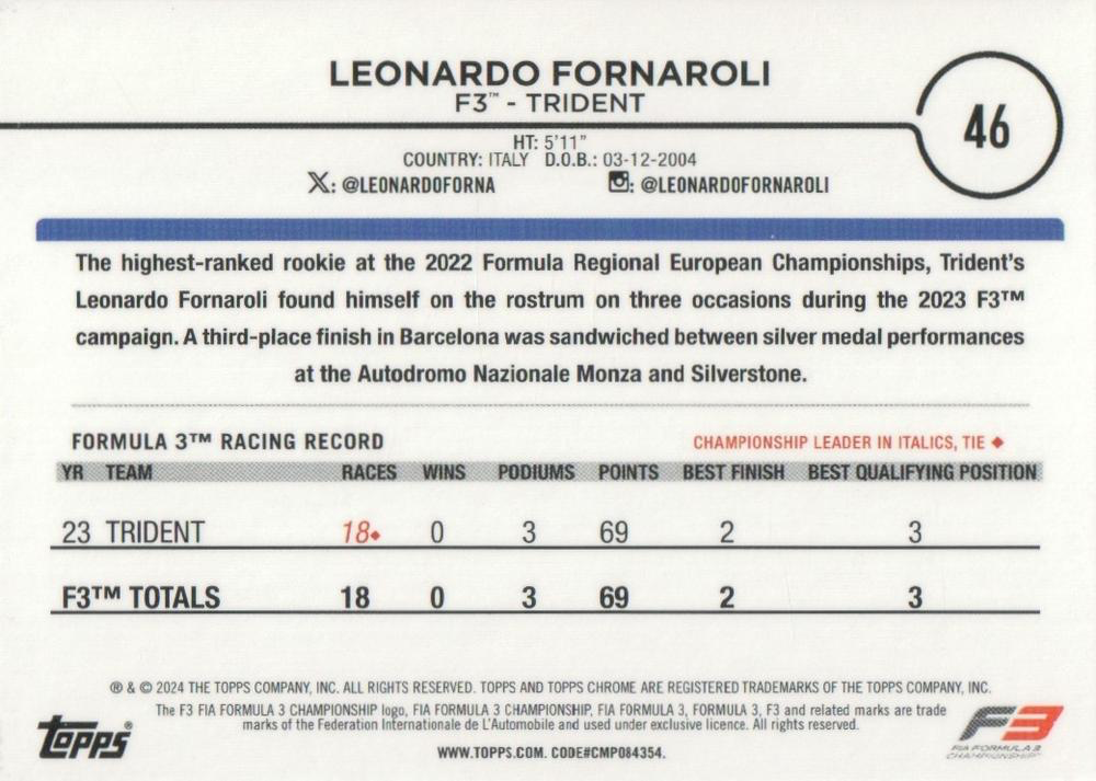 2024 Topps Chrome Formula 1 Leonardo Fornaroli F3D #46 Trident