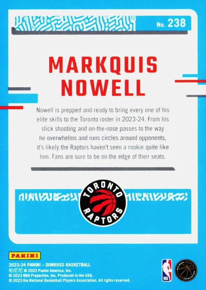 2023 Panini Donruss Markquis Nowell Rated Rookie #238 Toronto Raptors