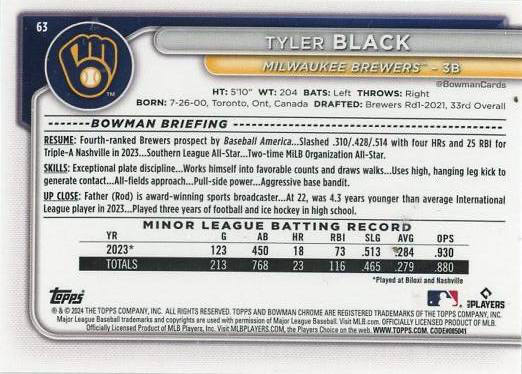 2024 Topps Bowman Chrome Tyler Black RC Milwaukee Brewers #63