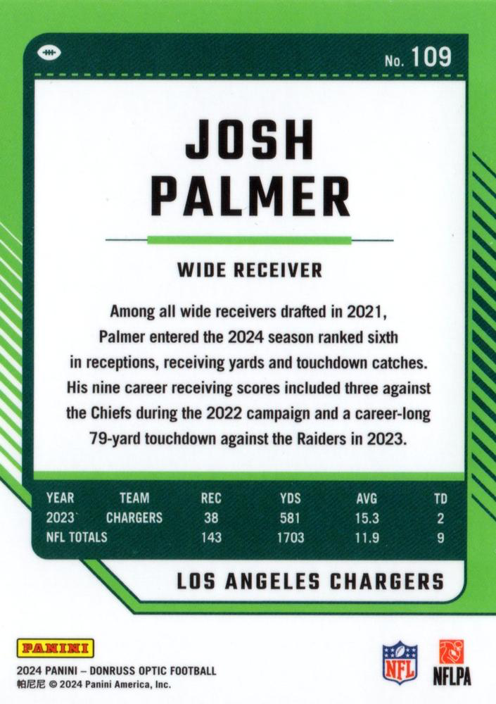 2024 Donruss Optic Football Josh Palmer Los Angeles Chargers #109