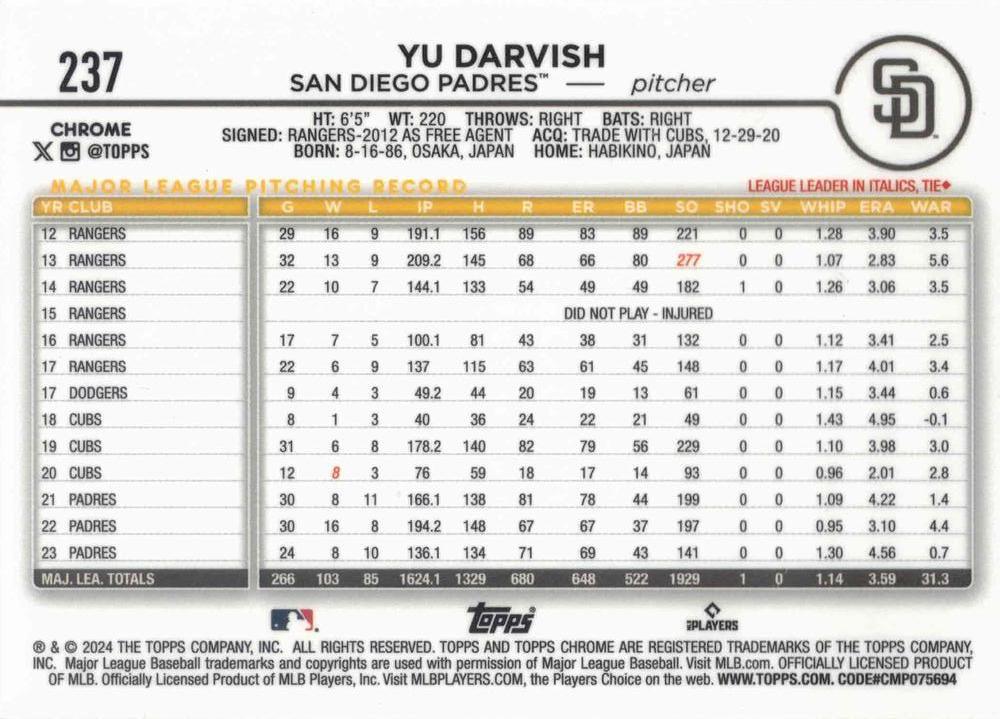 2024 Topps Chrome Yu Darvish San Diego Padres #237