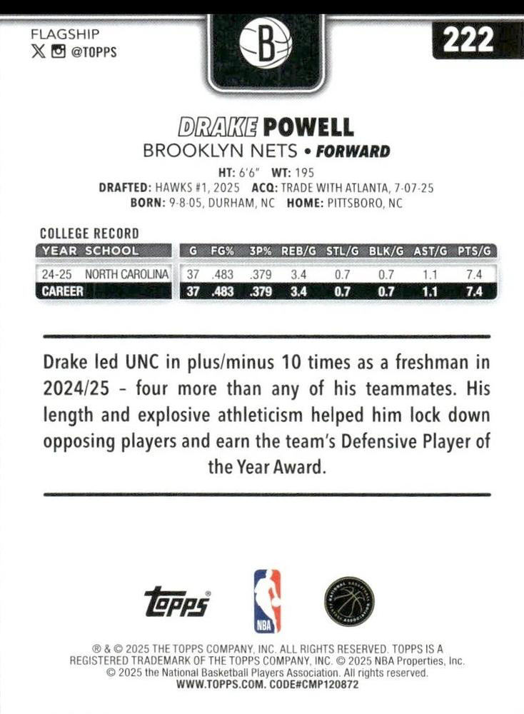 2025 Topps NBA Drake Powell RC #222 Brooklyn Nets
