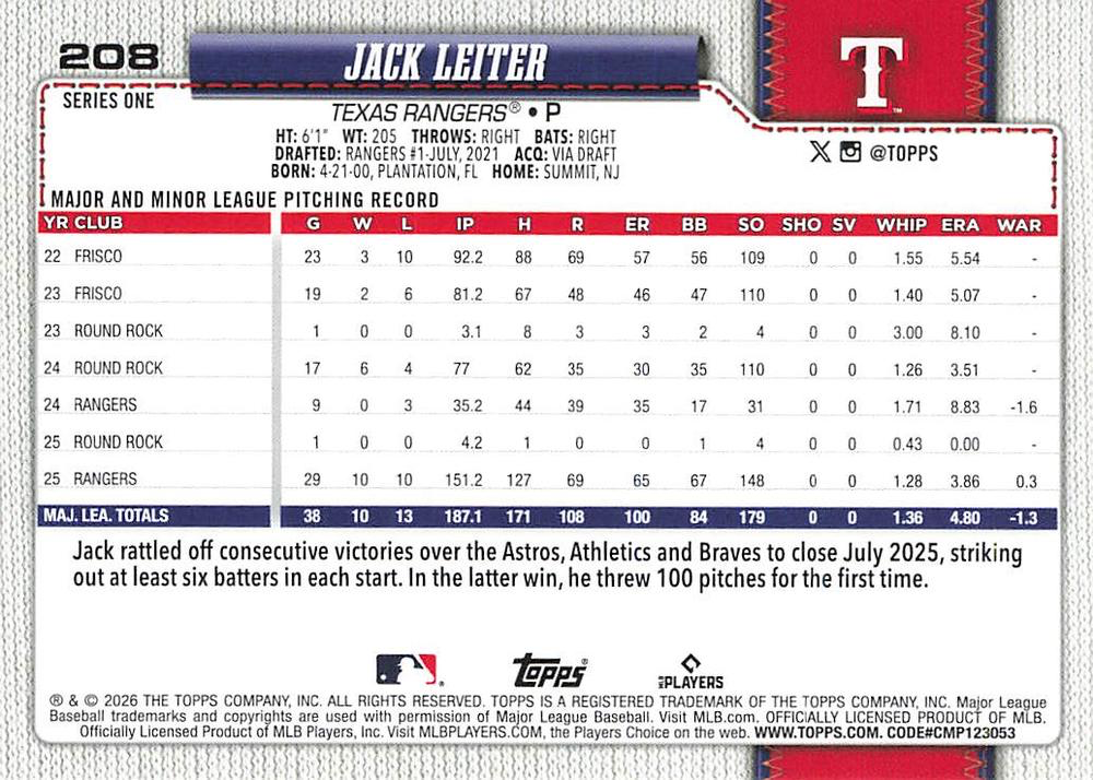 2026 Topps Series 1 Jack Leiter #208 Texas Rangers