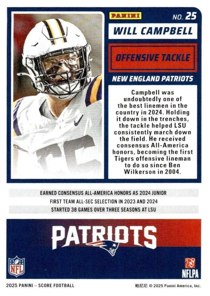 2025 Panini Score Will Campbell RC #25 New England Patriots