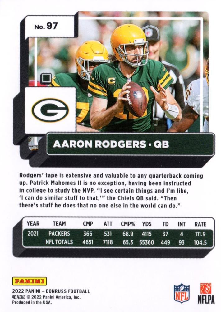 2022 Panini Donruss Aaron Rodgers #97 Green Bay Packers