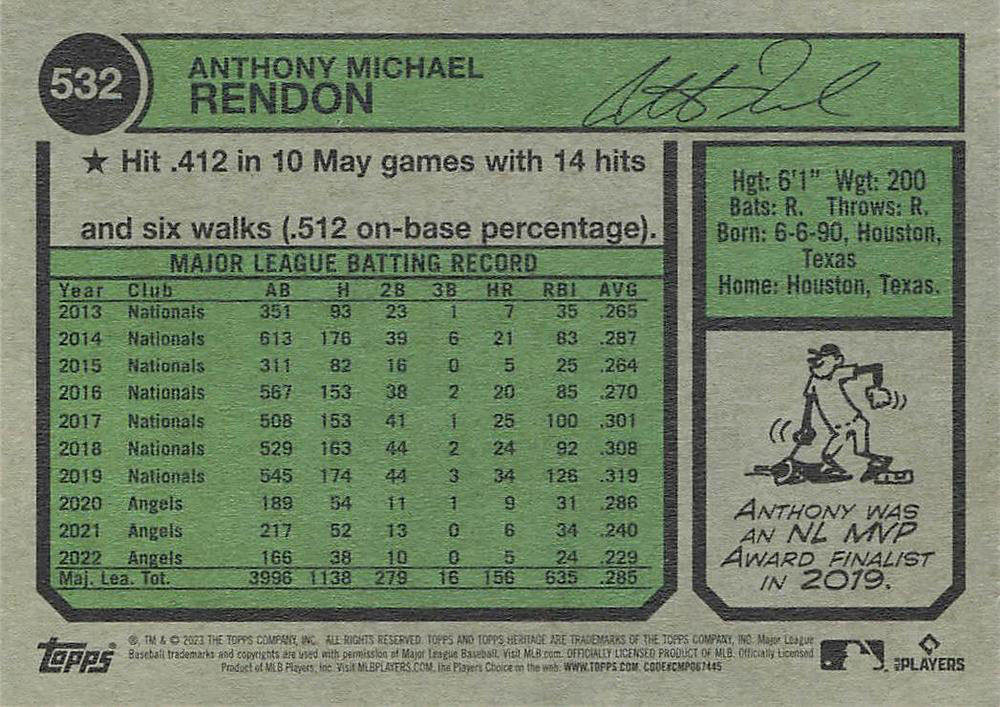 2023 Topps Heritage Anthony Rendon Los Angeles Angels #532