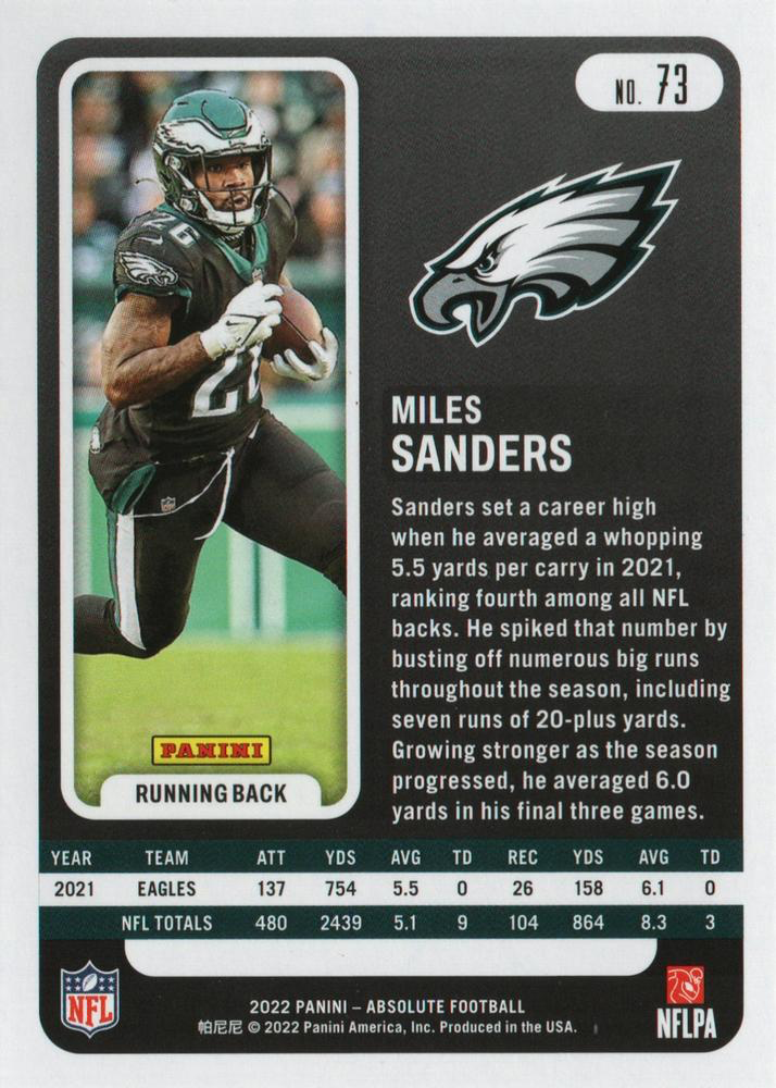 2022 Panini Absolute Miles Sanders #73 Philadelphia Eagles