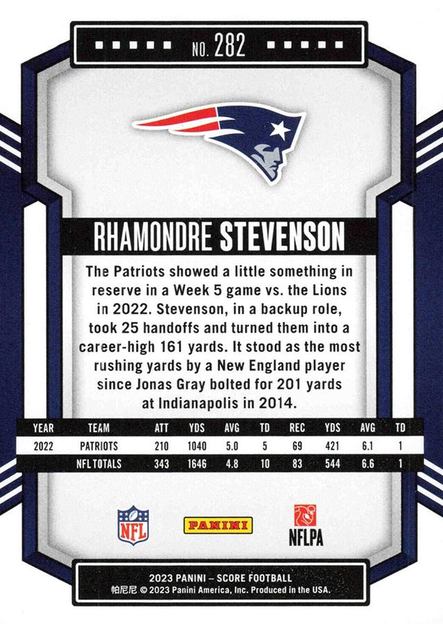 2023 Panini Score Football Rhamondre Stevenson New England Patriots #282