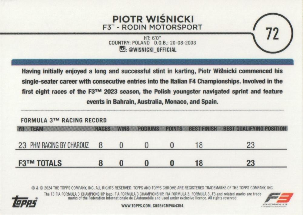 2024 Topps Chrome Formula 1 Piotr Wisnicki F3D #72 Rodin Motorsport