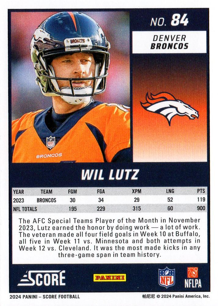 2024 Panini Score Football Wil Lutz Denver Broncos #84