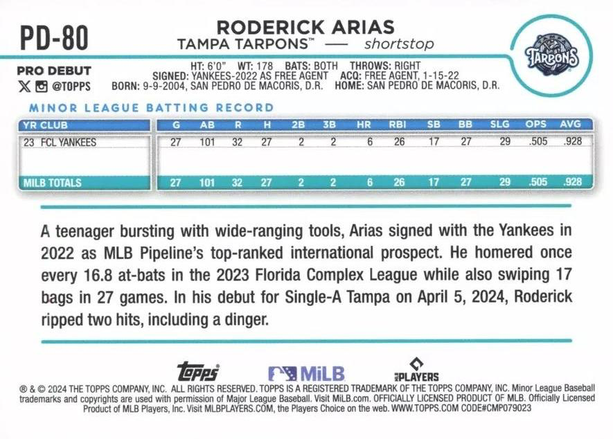 2024 Topps Pro Debut Roderick Arias #PD-80 Tampa Tarpons