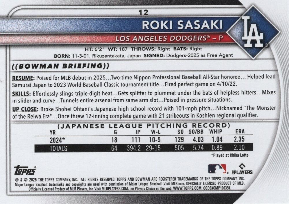 2025 Topps Bowman Roki Sasaki RC Los Angeles Dodgers #12
