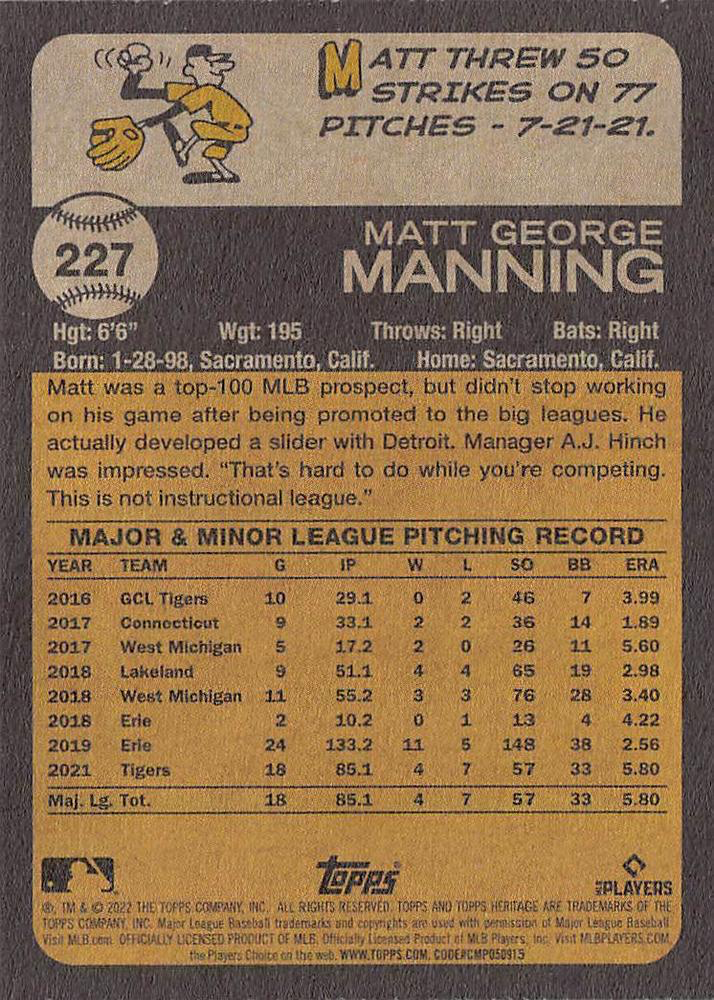 2022 Topps Heritage Matt Manning RC #227 Detroit Tigers