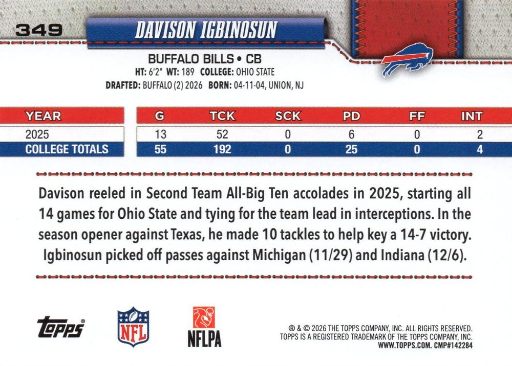 2026 Topps Flagship RC Davison Igbinosun #349 Buffalo Bills