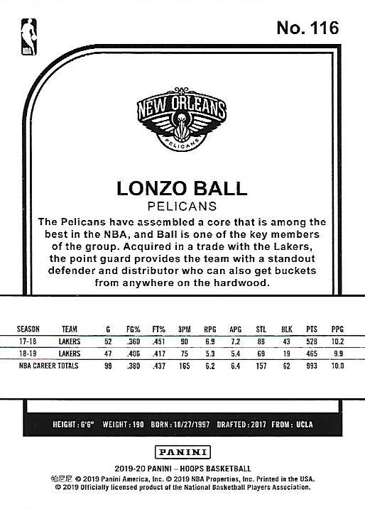 2019 Panini Hoops Lonzo Ball #116 New Orleans Pelicans