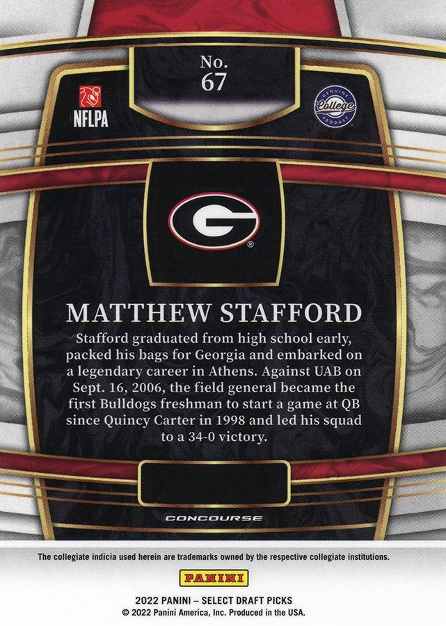 2022 Panini Select Draft Picks Blue Matthew Stafford #67 Georgia Bulldogs