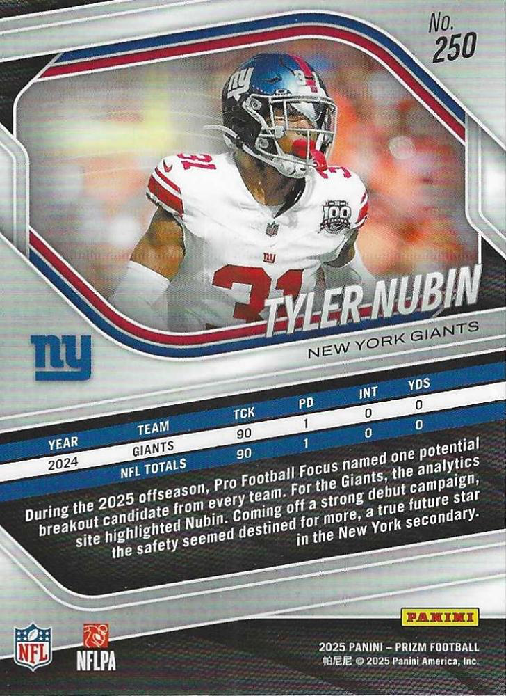 2025 Panini Prizm Tyler Nubin #250 New York Giants