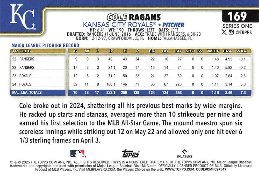2025 Topps Series 1 Cole Ragans Kansas City Royals #169