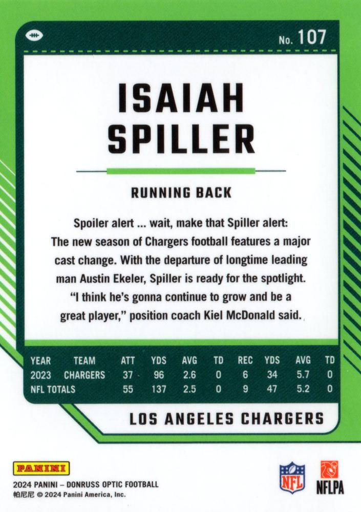 2024 Donruss Optic Football Isaiah Spiller Los Angeles Chargers #107