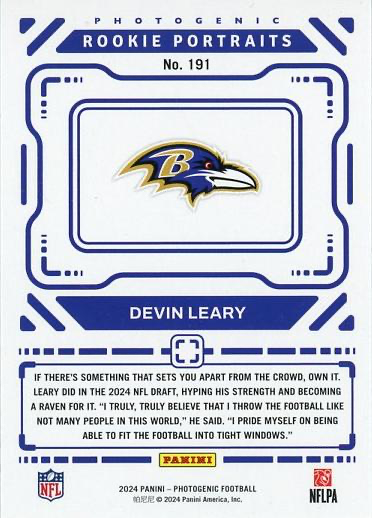 2024 Panini Photogenic Portrait RC Devin Leary #191 Baltimore Ravens