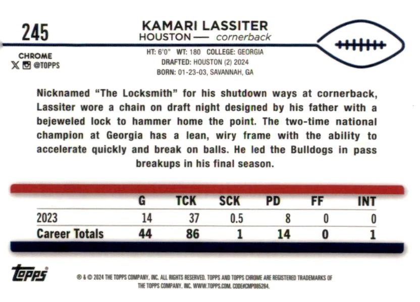2024 Topps Chrome Football X- Fractor Kamari Lassiter RC #245 Houston Texans