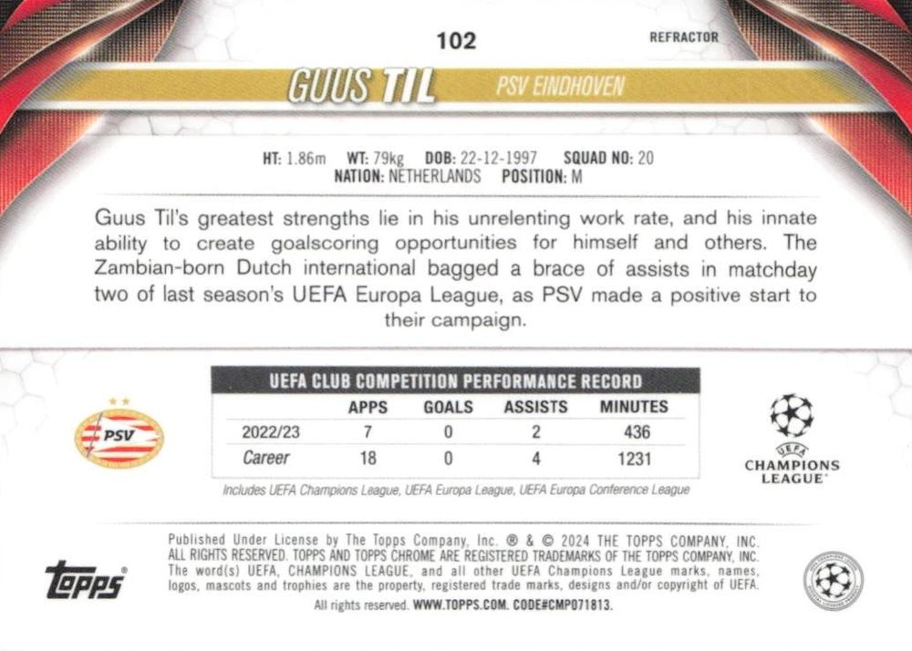 2023 Topps Chrome UEFA Club Competitions Guus Til Refractor #102 PSV Eindhoven