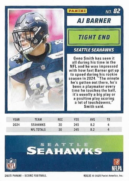 2025 Panini Score AJ Barner #82 Seattle Seahawks