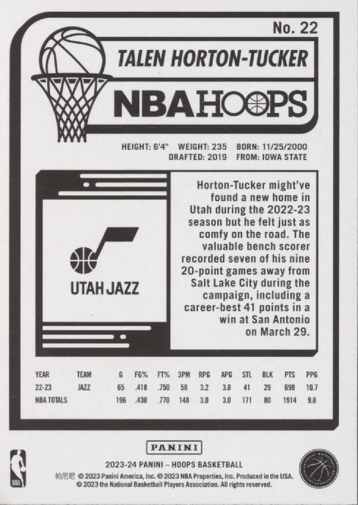 2023 Panini Hoops Talen Horton-Tucker #22 Utah Jazz