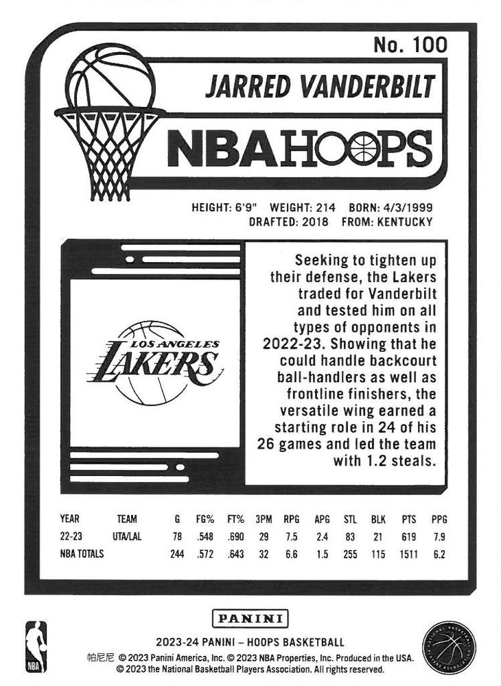 2023 Panini Hoops Jarred Vanderbilt #100 Los Angeles Lakers