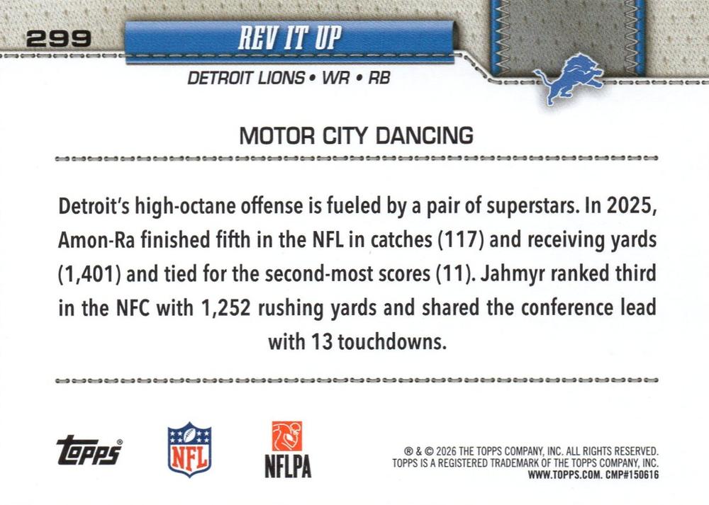2026 Topps Flagship Combo Card #299 Detroit Lions