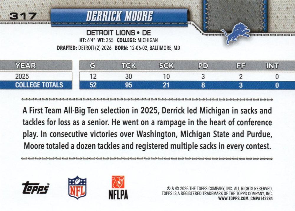 2026 Topps Flagship RC Derrick Moore #317 Detroit Lions