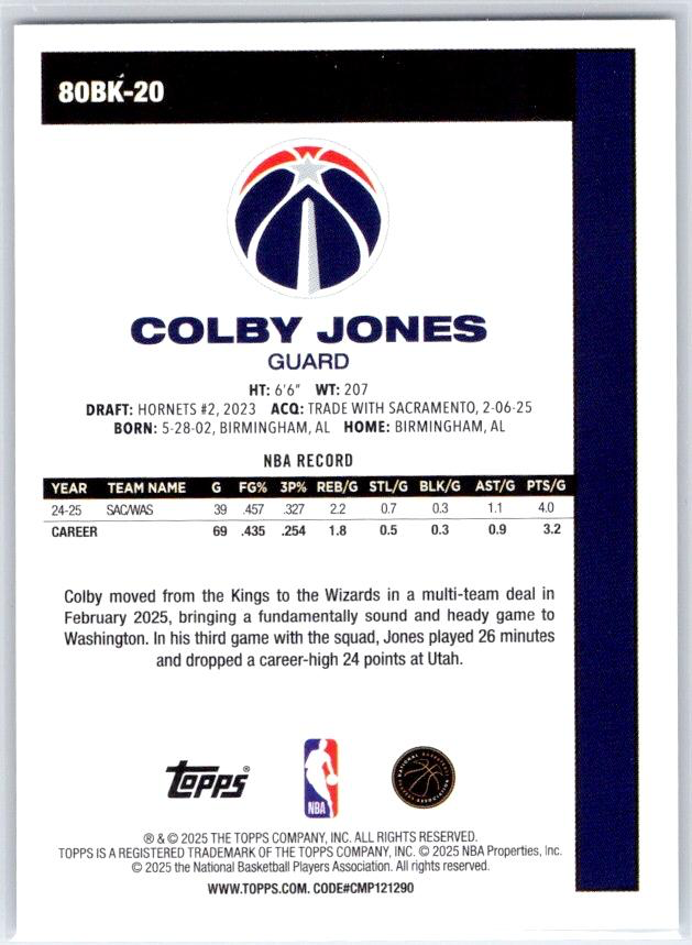 2025 Topps NBA 1980-81 Topps Basketball Colby Jones 80BK-20 Washington Wizards
