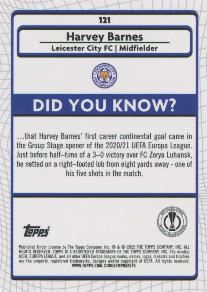 2021 Topps Merlin UEFA Club Competitions Harvey Barnes #121 Leicester City