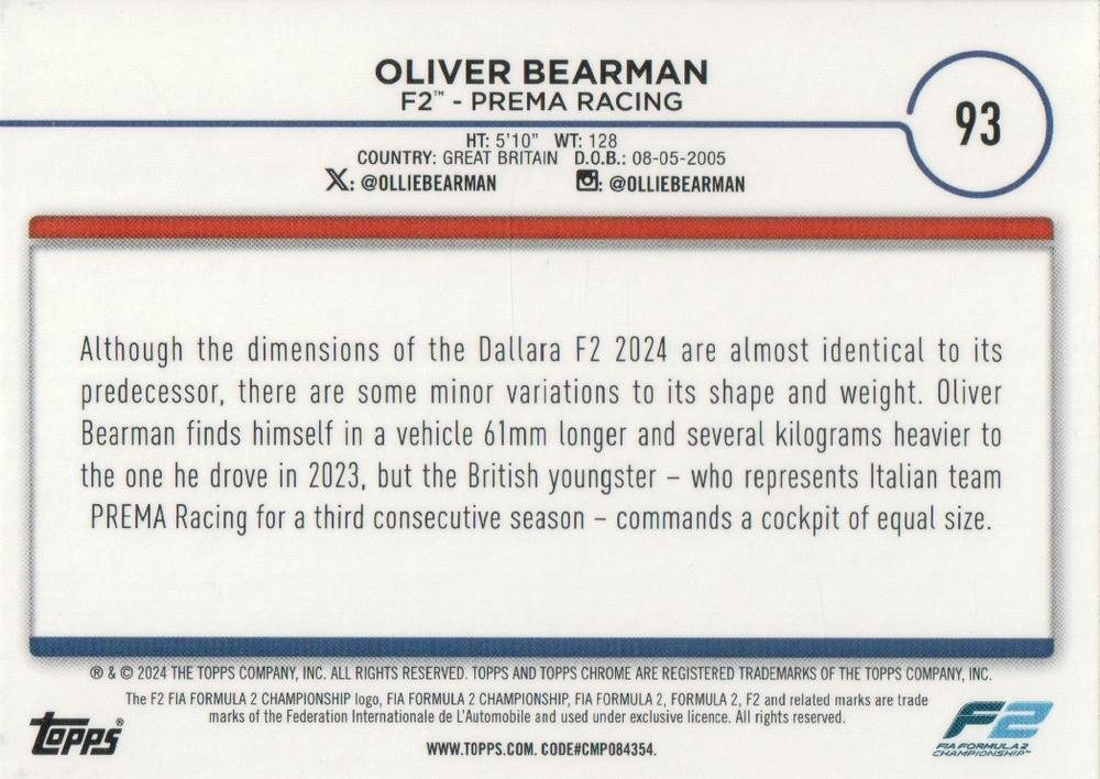 2024 Topps Chrome Formula 1 Oliver Bearman F2C #93 Prema Racing