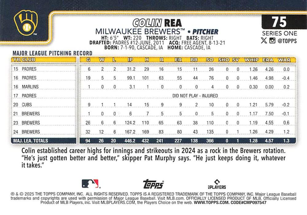 2025 Topps Series 1 Colin Rea Milwaukee Brewers #75