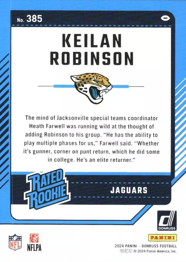 2024 Panini Donruss Keilan Robinson Rated Rookie RC #385 Jacksonville Jaguars