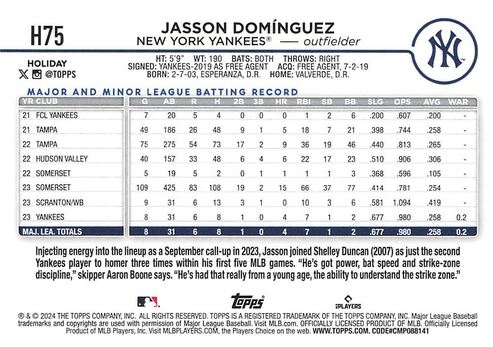 2024 Topps Holiday Jasson Domínguez RC New York Yankees #H75