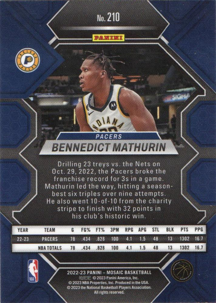 2022 Panini Mosaic Bennedict Mathurin RC #210 Indiana Pacers