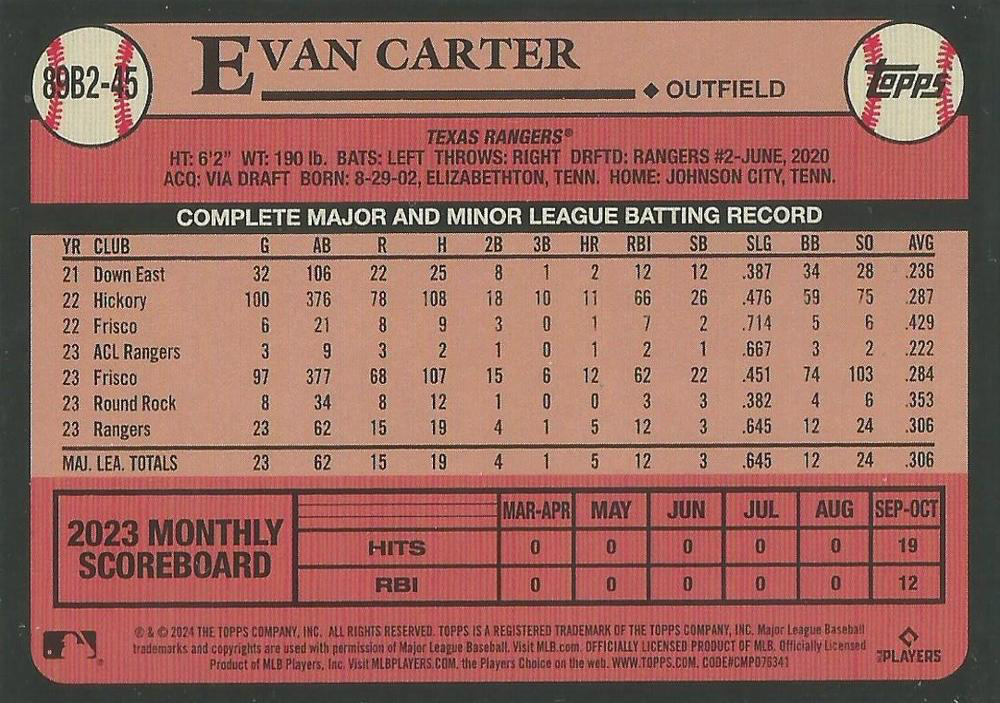 2024 Topps Series 2 1989 35th Anniversary Evan Carter RC Texas Rangers #89B2-45
