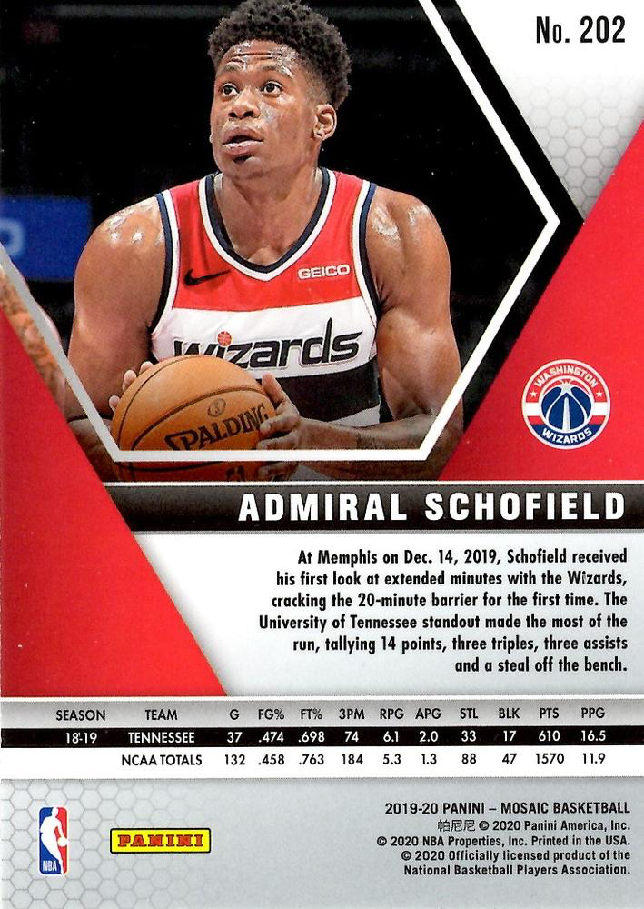 2019 Panini Mosaic Admiral Schofield RC #202 Washington Wizards