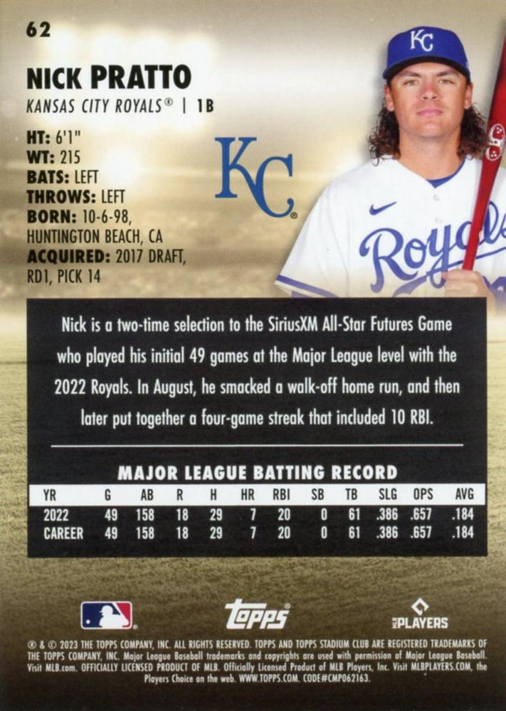2023 Topps Stadium Club Nick Pratto RC Kansas City Royals #62