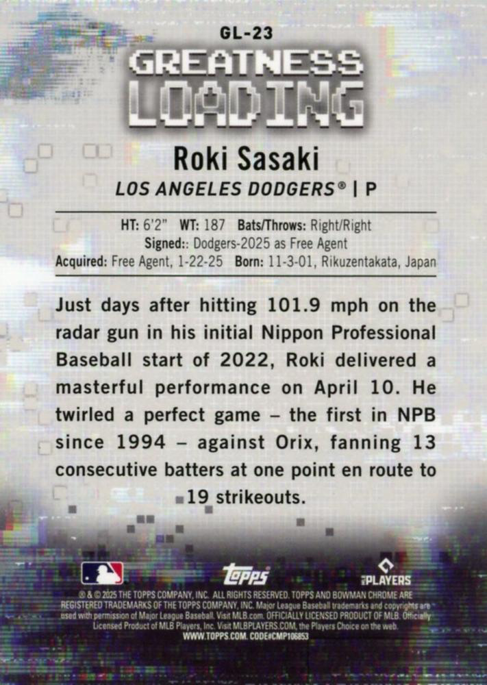2025 Topps Bowman Greatness Loading Roki Sasaki #GL-23 Los Angeles Dodgers