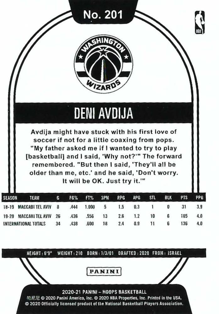 2020 Panini Hoops Deni Avdija RC #201 Washington Wizards