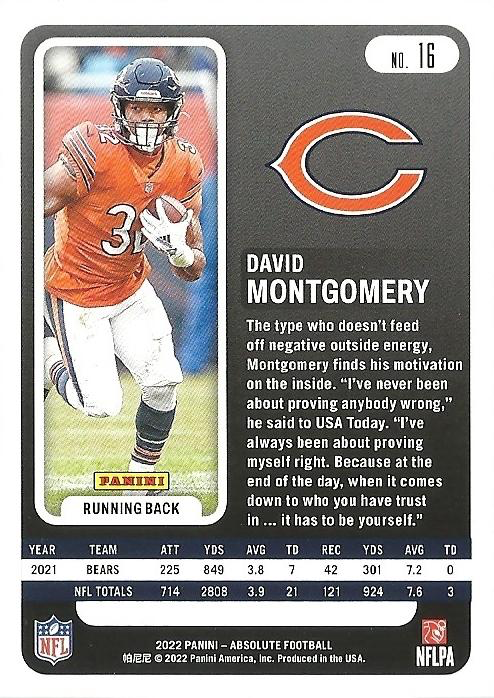 2022 Panini Absolute David Montgomery #16 Chicago Bears