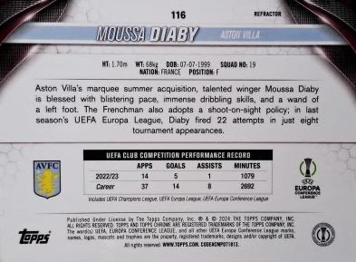 2023 Topps Chrome UEFA Club Competitions Moussa Diaby Refractor #116 Aston Villa