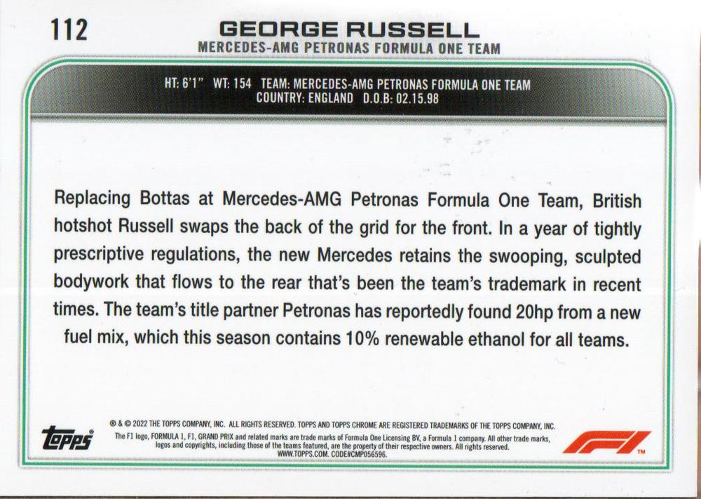 2022 Topps Chrome Formula 1 Checker Flag George Russell #112 Mercedes-AMG Petronas F1