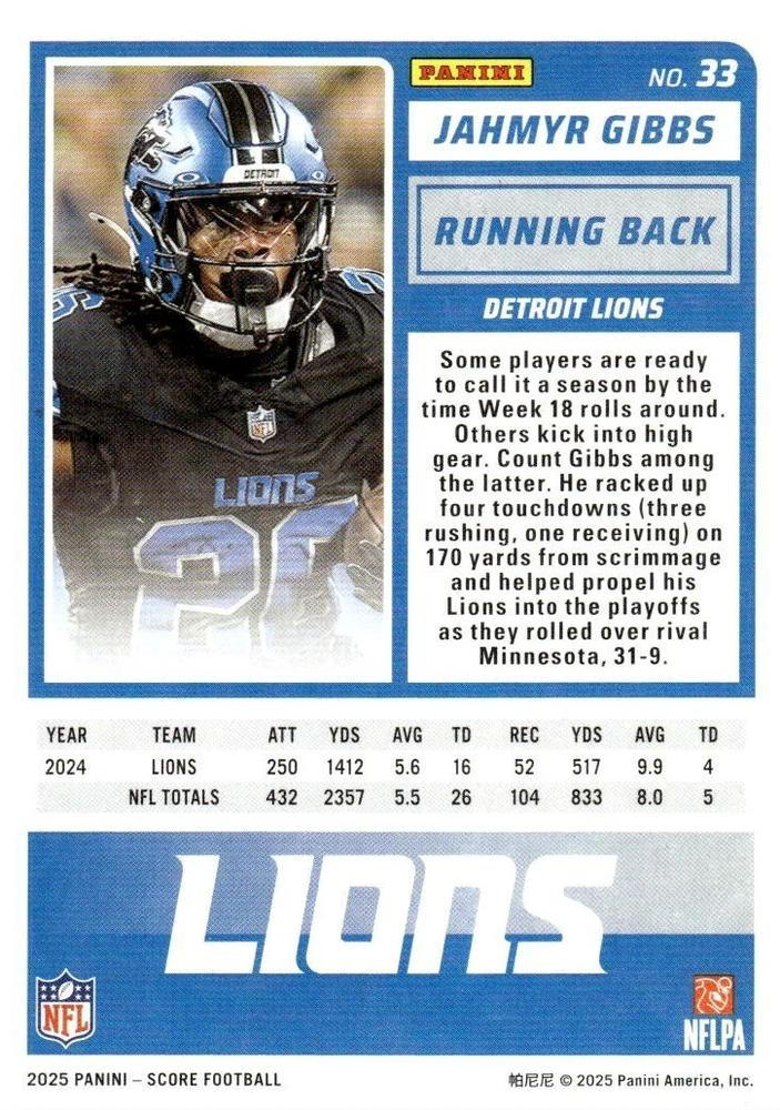 2025 Panini Score Jahmyr Gibbs #33 Detroit Lions