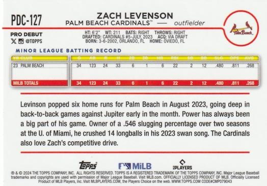 2024 Topps Pro Debut Chrome Refractor Zach Levenson #PDC-127 Palm Beach Cardinals