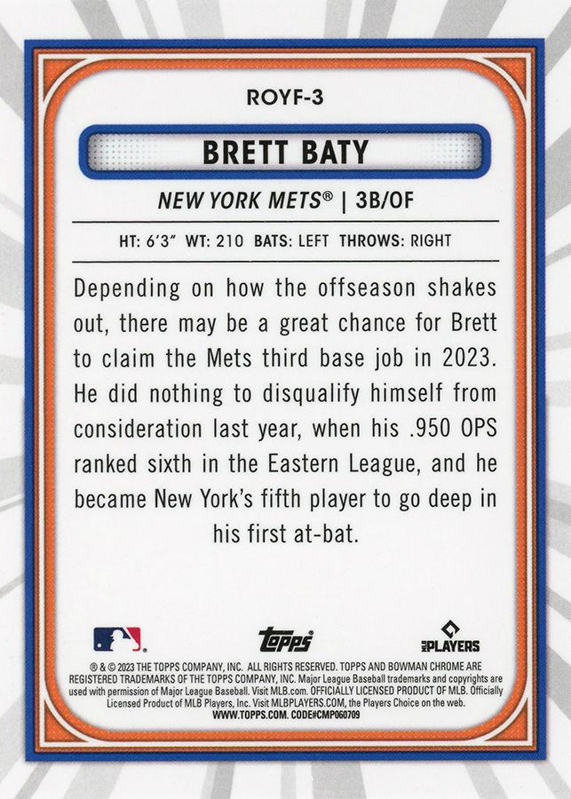 2023 Topps Bowman Chrome Rookie of the Year Favorites Brett Baty New York Mets #ROYF-3